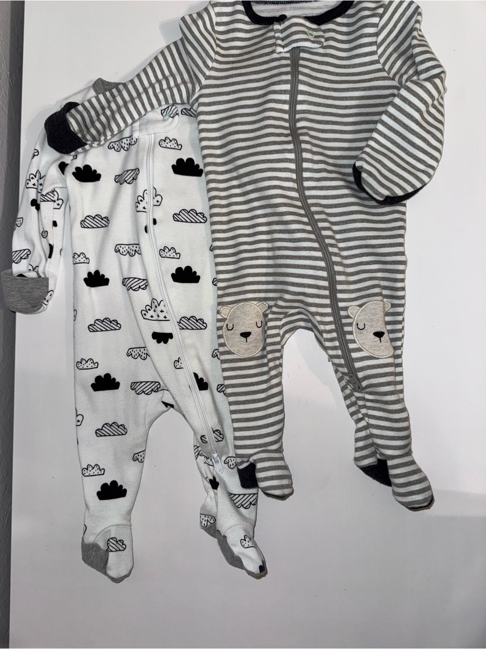 cloud island Gray Striped & White Cloud Print Footed One-Pieces - 2 Pack